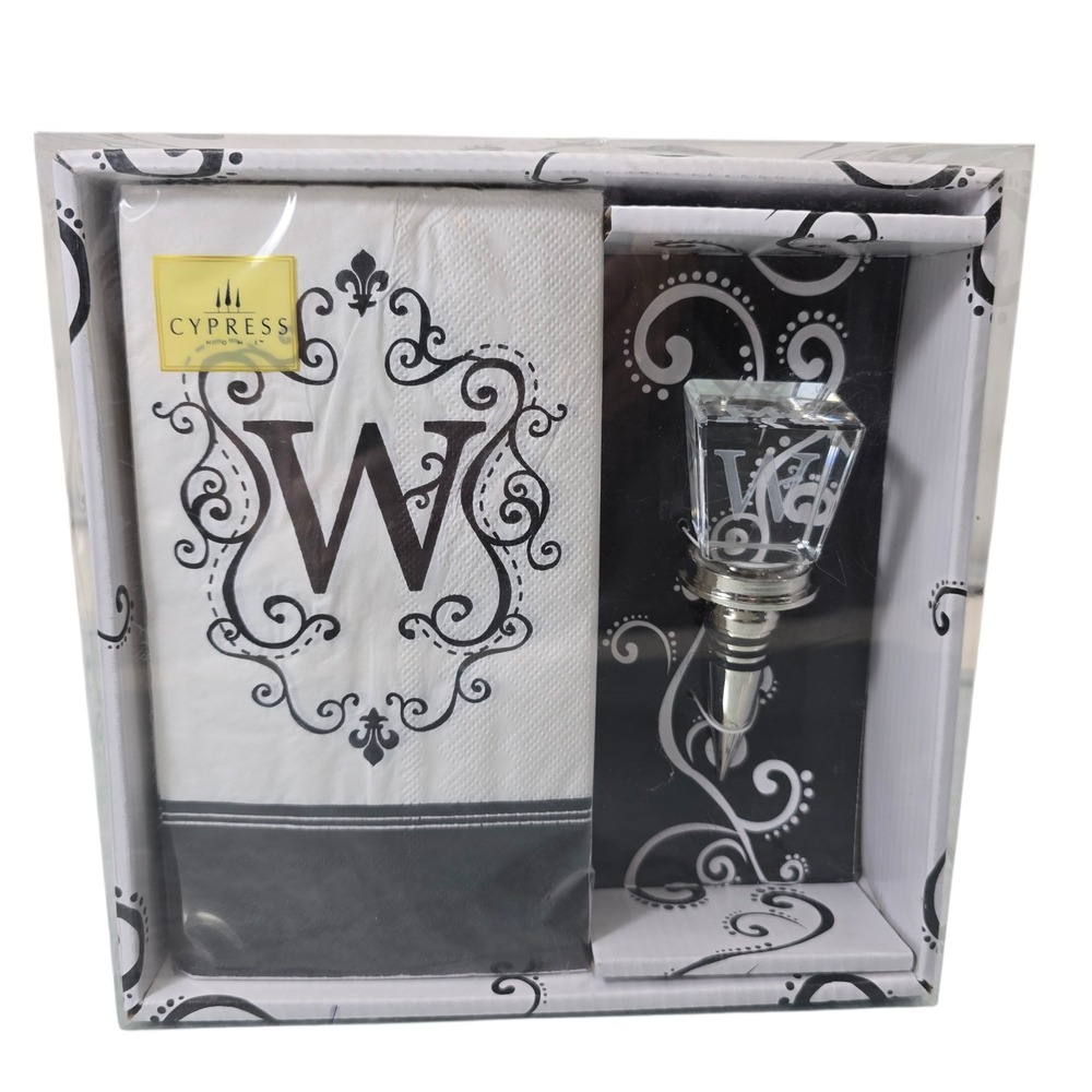 Cypress Home‎ Monogram Gift Set Initial "W" Wine Stopper and Napkins Black White